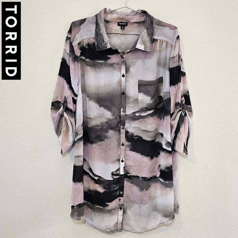 TORRID 2 Lavender Marble Chiffon Button Tunic Shirt Blouse Plus Size 18/20 2X